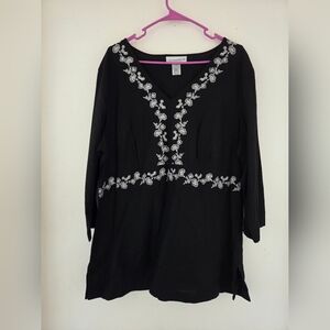 Sag Harbor Black Blouse with White Floral Design